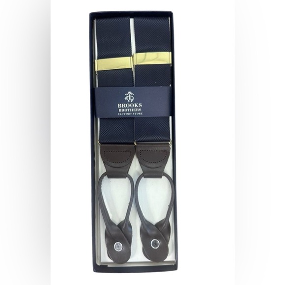 Brooks Brothers Men's Navy Strap on brown leathe Suspenders-One Size NEW